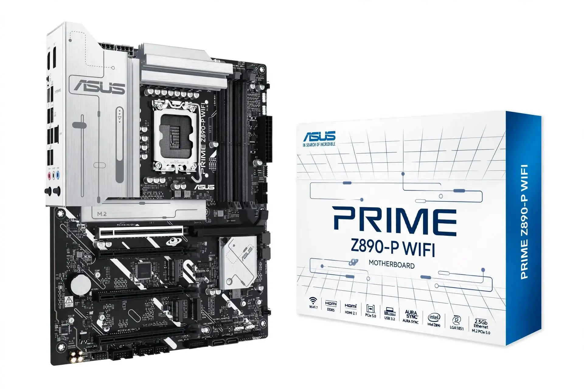 ASUS PRIME Z890-P WIFI Intel gaming motherboard with four DDR5 memory slots and four full-length PCIe expansion slots.
