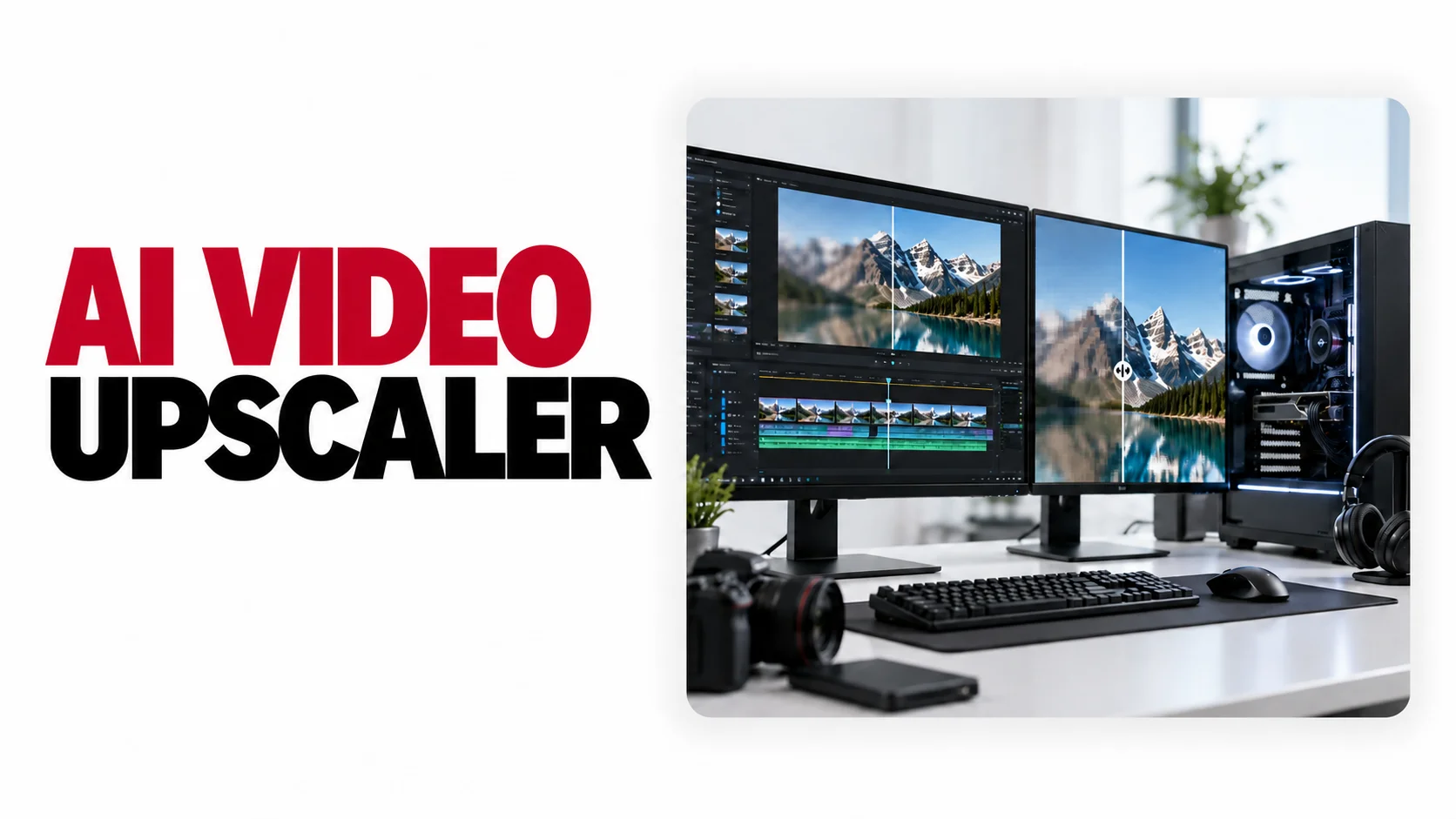 AI Video Upscaler enhances low-resolution footage while a video editing PC handles the timeline, preview, storage, and workstation workflow.