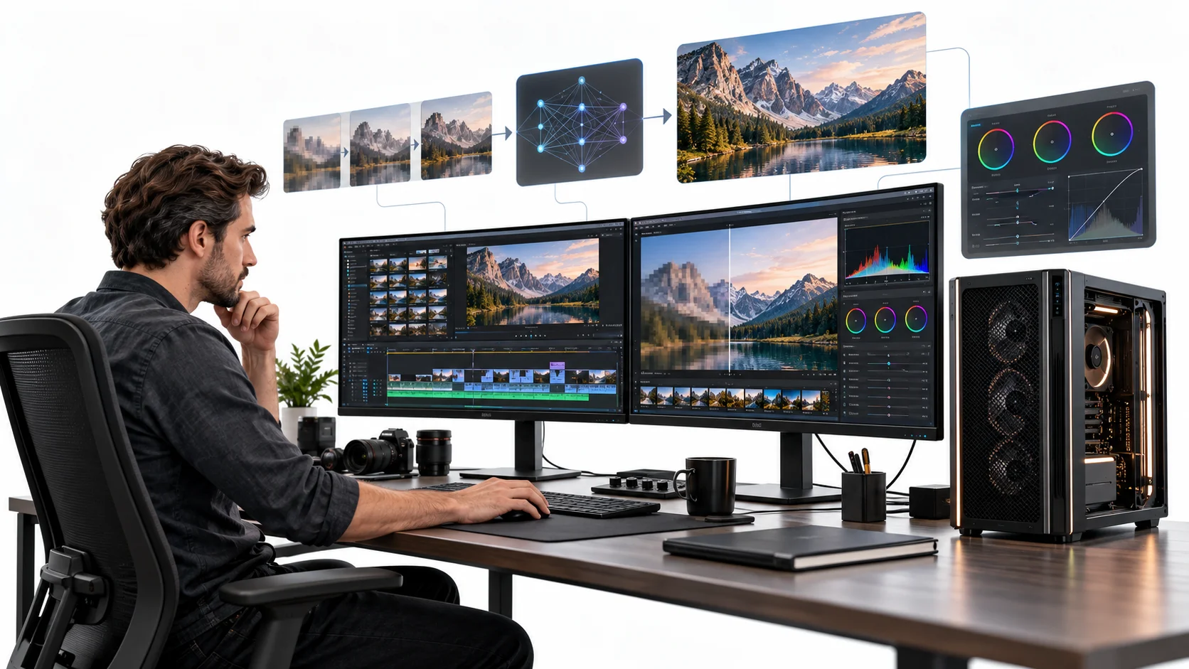 What an AI Video Upscaler Takes Off Your Build and What It Leaves 1 AI Video Upscaler offloads video enhancement while a professional editing workstation handles timeline editing, previews, and local PC tasks.