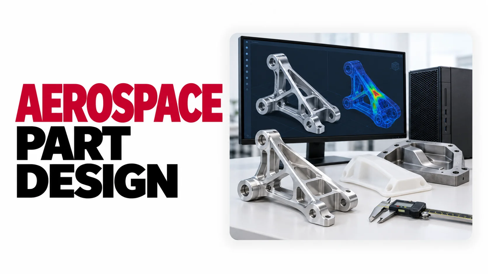 Designing Complex Parts for Space and Aerospace Applications 1 Complex aerospace part design featuring a CAD workstation displaying bracket models and stress analysis, with metal components, a thermoformed cover, and digital calipers.