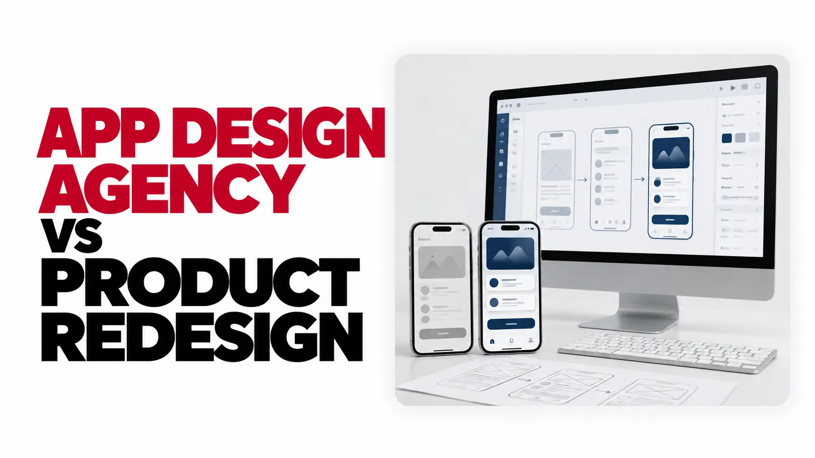 App Design Agency vs Product Redesign Costs and Scope 1 App Design Agency vs Product Redesign heading in red and black beside a computer, mobile interface mockups, and paper wireframes showing the design process.