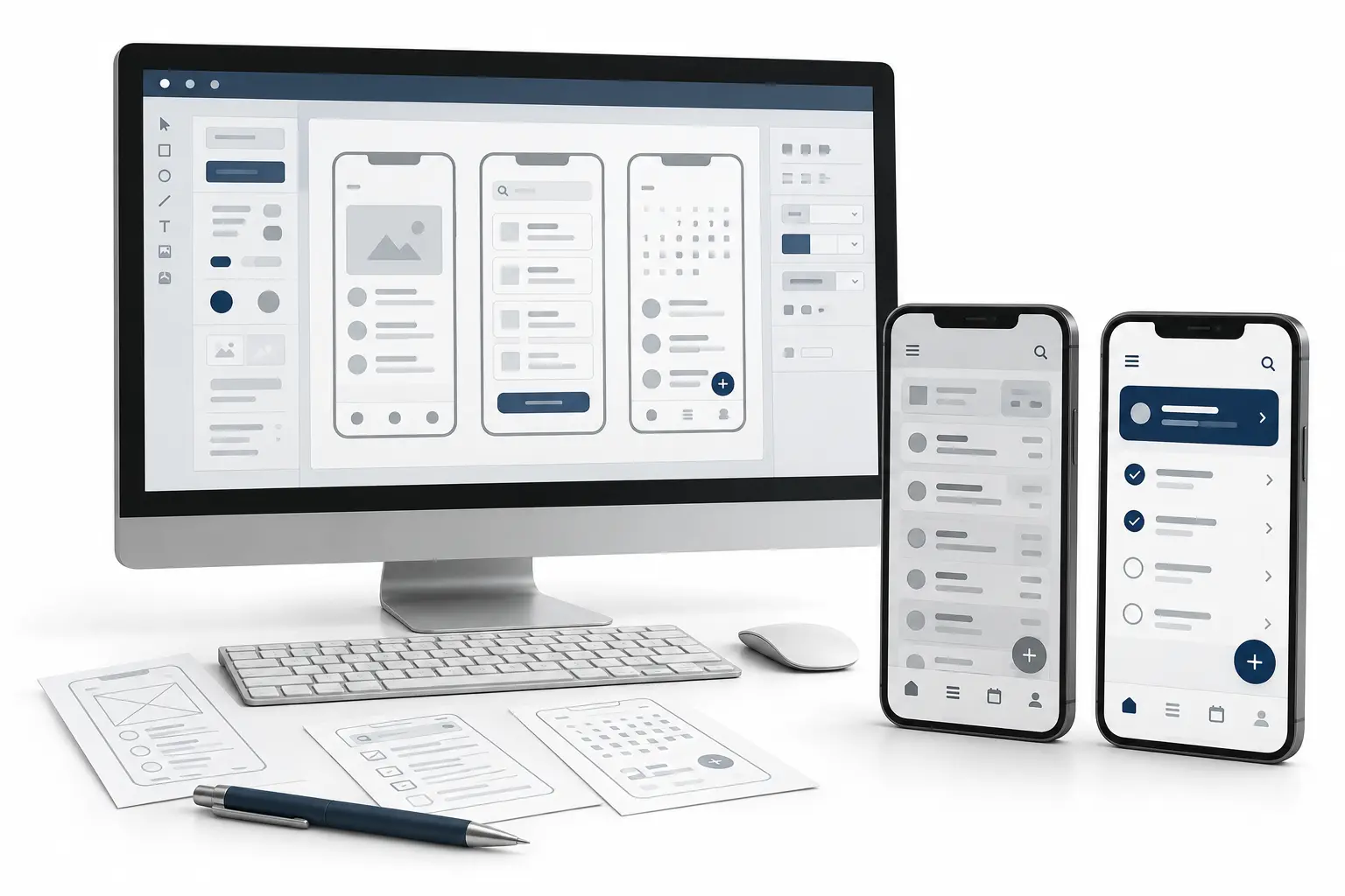 App Design Agency vs Product Redesign Costs and Scope 1 Desktop monitor displaying app wireframes beside two smartphones with original and redesigned interfaces, illustrating app design agency vs product redesign on a white background.