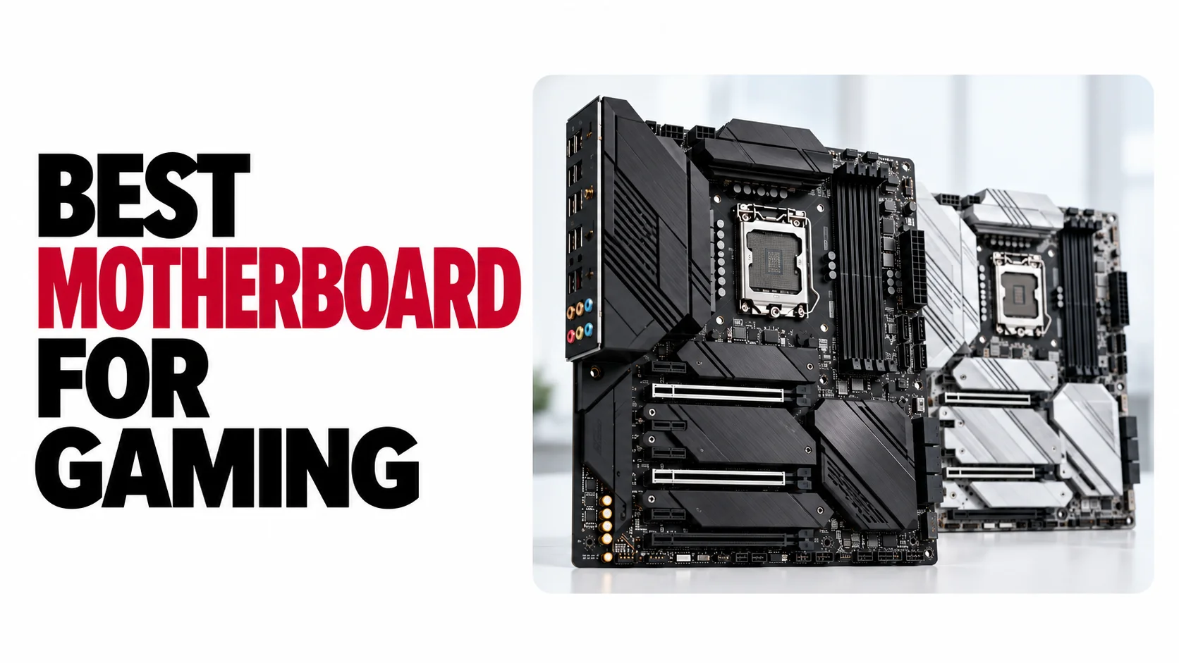 Best Motherboard for Gaming We Have Tested 1 Best motherboard for gaming guide featuring black and white motherboard illustrations beside a bold red and black headline.
