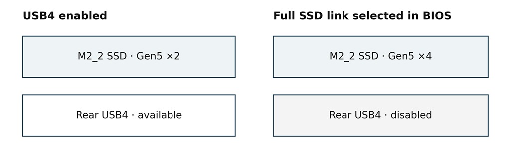 With USB4 enabled, M2_2 has a Gen5 ×2 link. Selecting its full Gen5 ×4 mode disables USB4. The USB4 controller itself is limited to a PCIe 4.0 ×4 interface; the diagram represents the allocation choice, not a Gen5 USB controller.