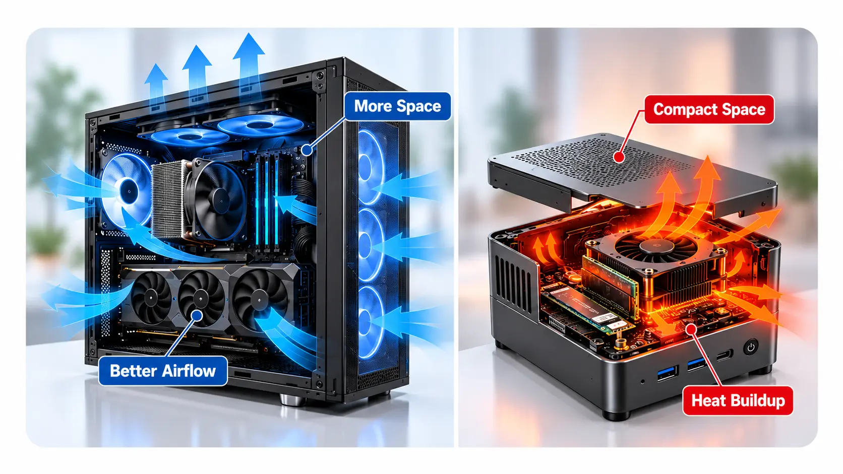 Desktop tower PC vs mini PC cooling comparison showing better airflow in a spacious desktop and heat buildup, restricted airflow, and thermal bottlenecks in a compact mini PC. Copy Alt Text