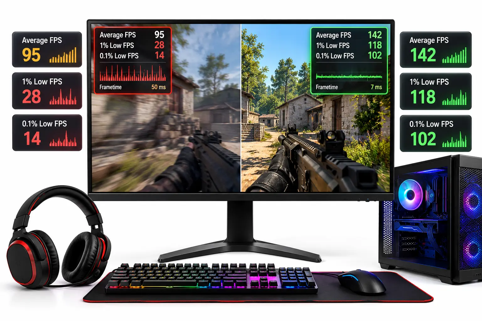 Gaming performance comparison showing average FPS, 1% low FPS, and frame-time differences between smooth and stuttering gameplay.