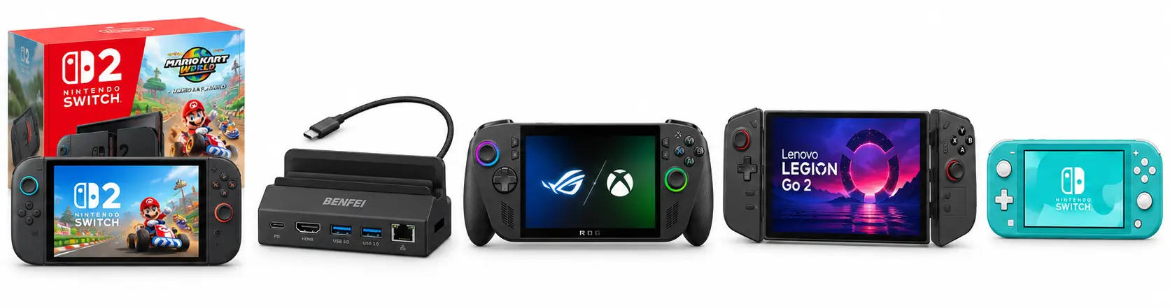 Best Gaming Consoles to Buy in 2026 (Top 5 Picks) 1 Five best gaming products, including Nintendo Switch 2, BENFEI Steam Deck Dock, ASUS ROG Xbox Ally, Lenovo Legion Go 2, and Nintendo Switch Lite, on a white background.
Copy Alt Text