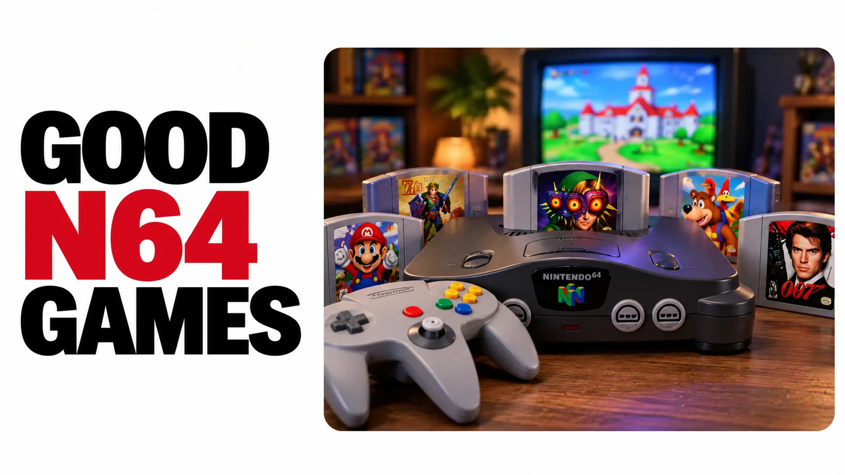Good N64 games featured image showing a Nintendo 64 console, controller, and classic game cartridges, including Mario, Zelda, and GoldenEye 007. A retro CRT television displays a colorful castle scene in the background.
