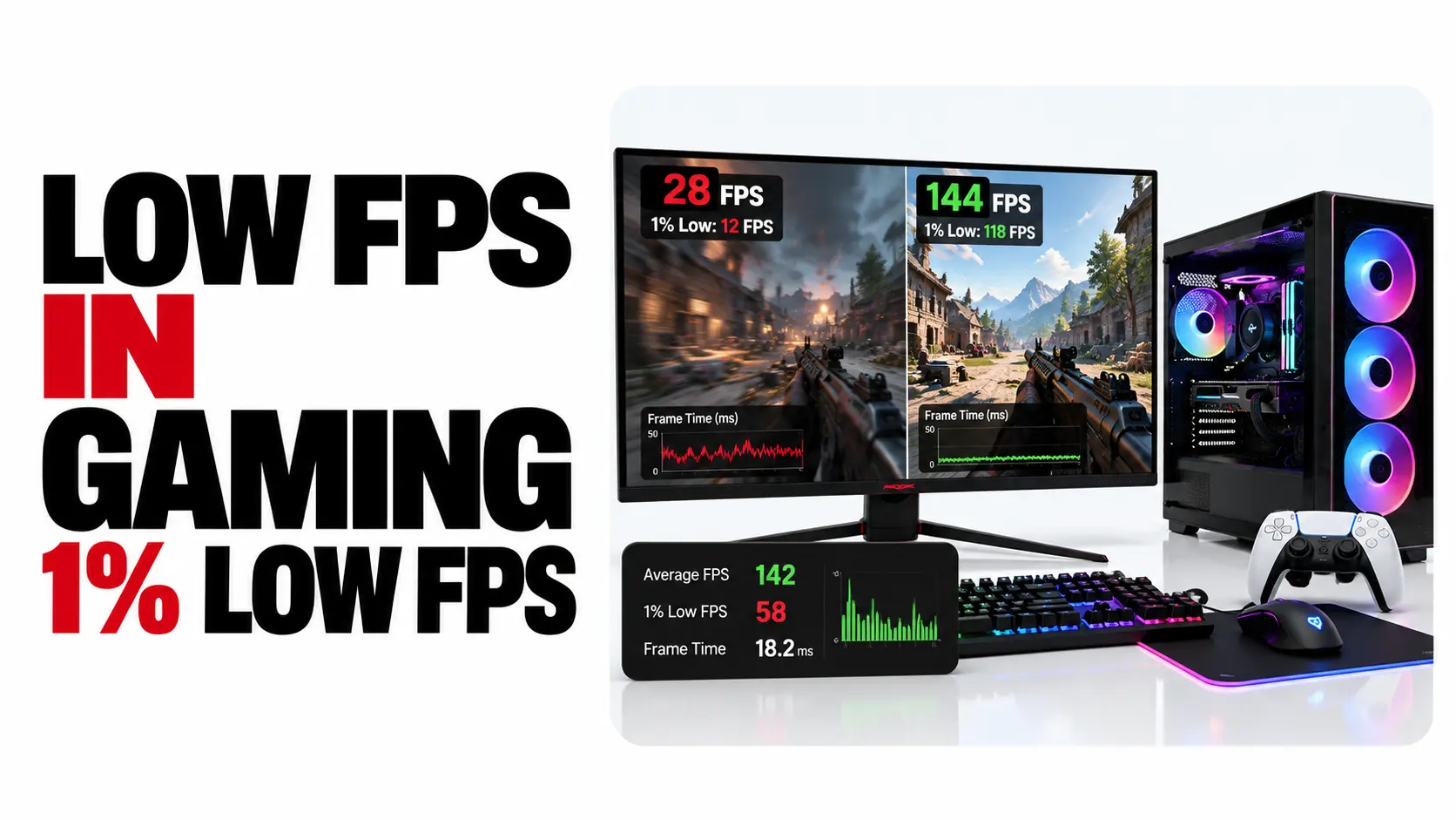What Is 1% Low FPS in Gaming? 1 Low FPS in gaming and 1% low FPS explained with a gaming PC setup, FPS counters, and frame-time performance graphs.