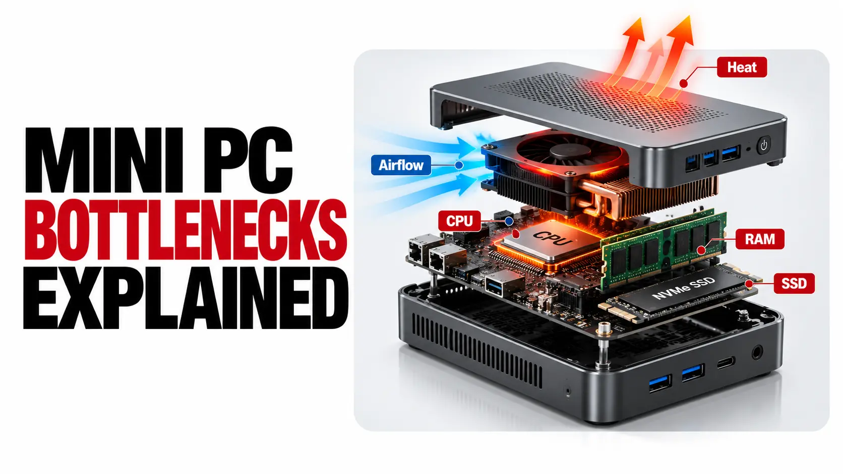 Mini PC Bottlenecks | Causes, Limits, and Fixes 1 Mini PC bottlenecks infographic with a presenter explaining CPU overheating, limited cooling, integrated graphics, shared RAM and SSD thermal throttling. Copy Alt Text
