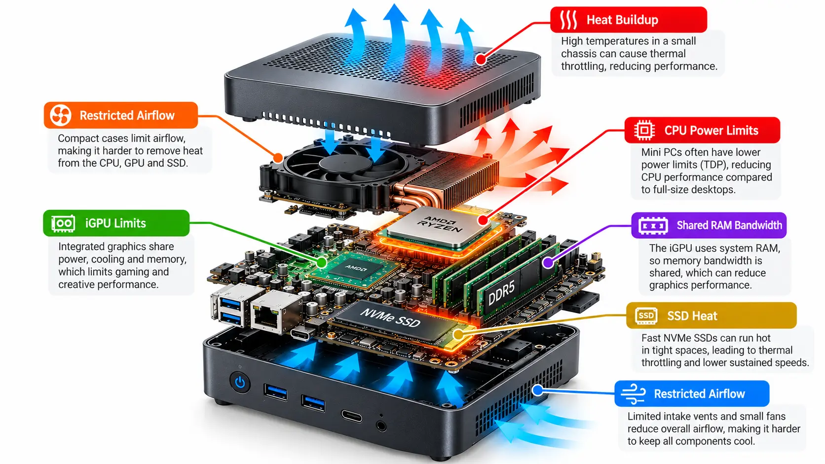 Exploded mini PC diagram showing how overheating, restricted airflow, CPU power limits, integrated GPU performance and shared RAM bandwidth cause bottlenecks.
 Copy Alt Text