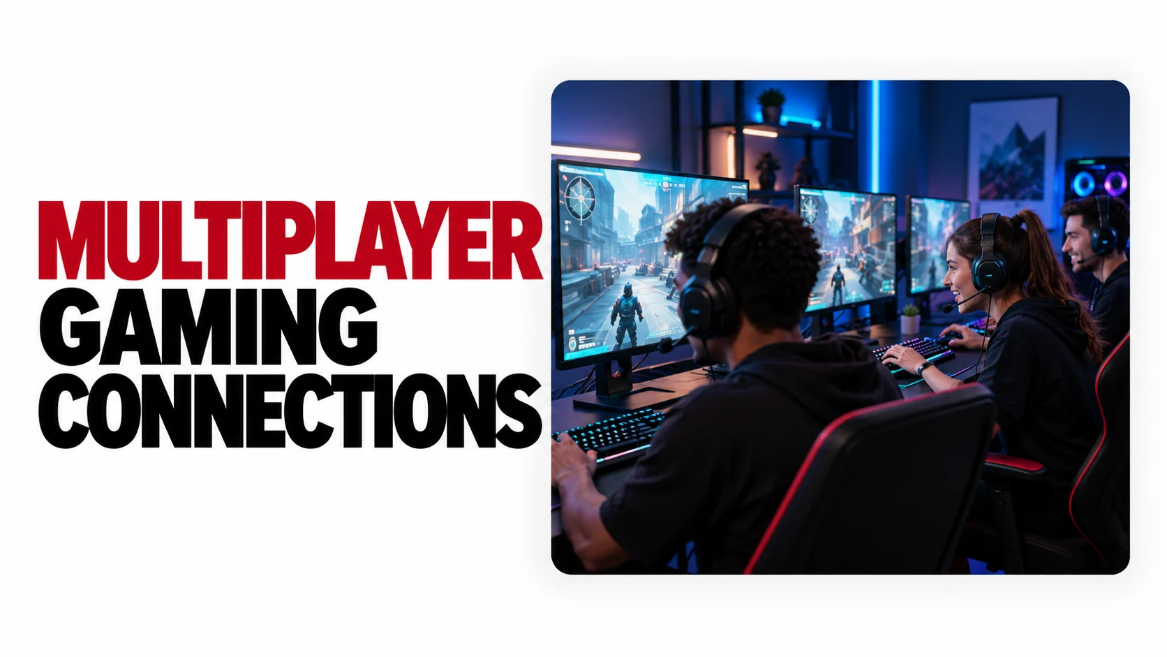 How Does Multiplayer Gaming Build Social Connections? 1 Three gamers using headsets and connected PCs in a shared gaming setup, showing how multiplayer gaming connections allow players to communicate, coordinate, and play together online.