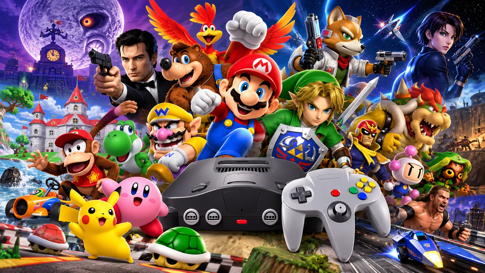 A colorful collage of Nintendo 64 gaming characters, including Mario, Link, Pikachu, Banjo, and Kirby, surrounding an N64 console and controller. The artwork brings together characters from popular adventure, racing, and action games.
