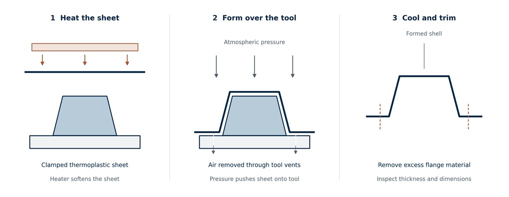 Vacuum thermoforming cross-sections showing sheet heating, forming over a vented tool, and cooling and trimming a plastic cover.