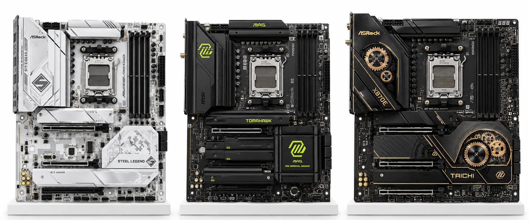 Best motherboard for gaming comparison showing labeled illustrations of the ASRock B850 Steel Legend WiFi, MSI MAG X870E TOMAHAWK WIFI, and ASRock X870E Taichi.