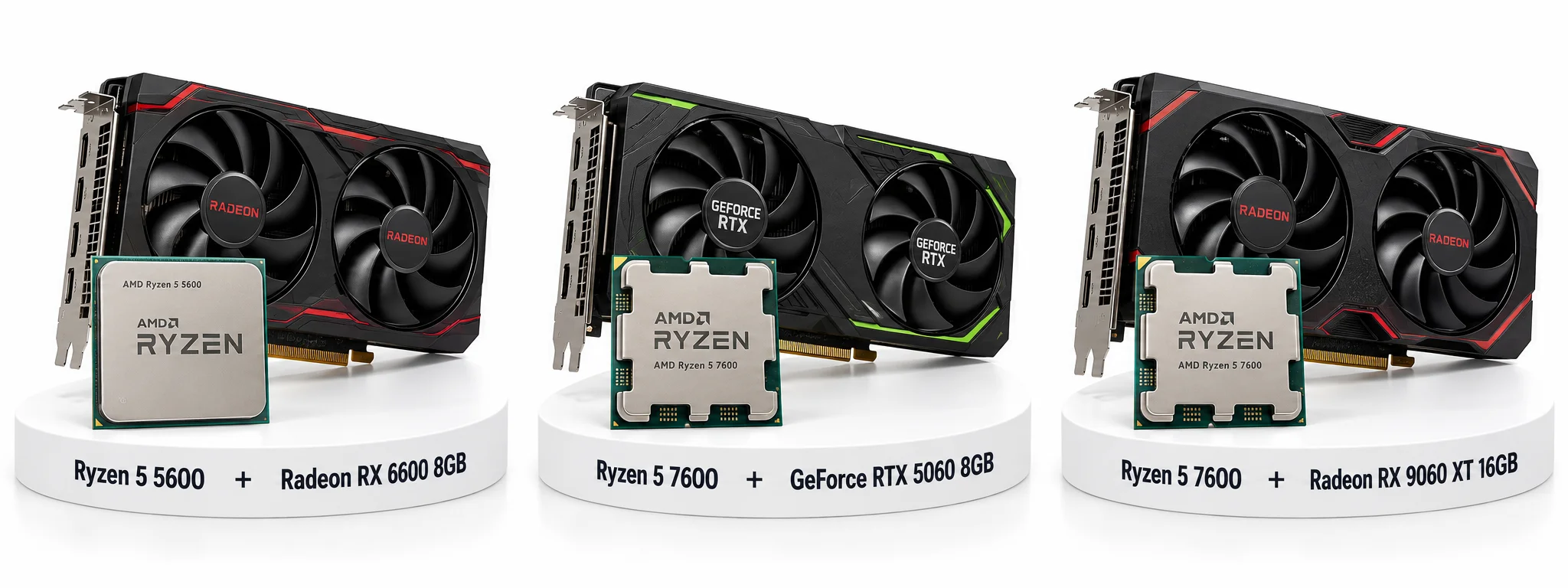 Three budget gaming computer combinations displayed on a white background: Ryzen 5 5600 with Radeon RX 6600 8GB, Ryzen 5 7600 with GeForce RTX 5060 8GB, and Ryzen 5 7600 with Radeon RX 9060 XT 16GB. Each processor and graphics card pairing has a clear model label.